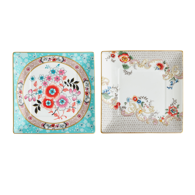 【終了いたしました】ワンダーラスト ロココフ ラワーズ&カメリア スクエアトレイ ペア 14.5cm